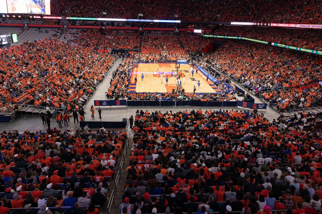 Interior of Syracuse University JMA Wireless Dome during a basketball game.