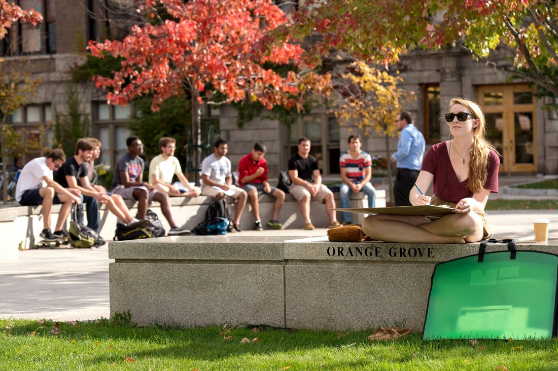 Student draws by Shaw Quad (Syracuse ranks among the best schools for art majors)