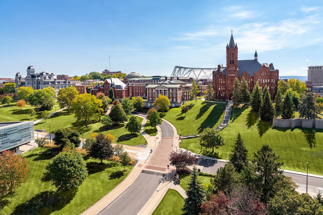 Crouse College and Maxwell Hall on Syracuse University campus in the Summer