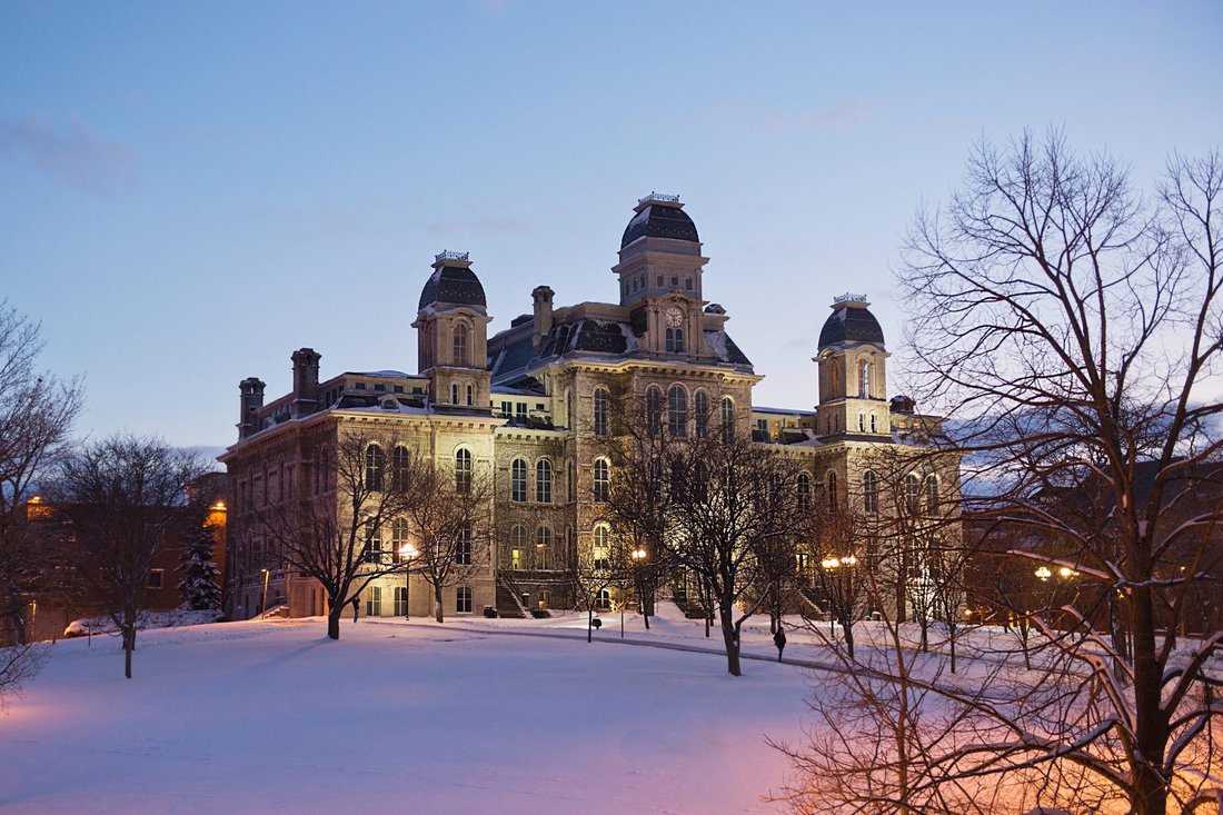 Hall of Languages in the snow at dusk