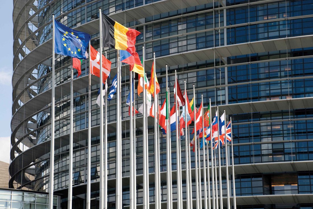 Europarliament. Flags of the countries of the European Union at an input in Europarliament