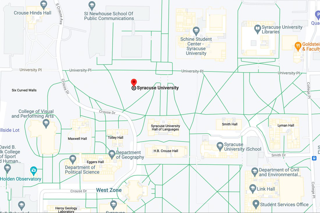 A Google Maps page with Syracuse University in the center.